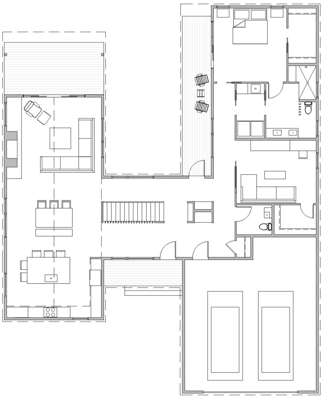 Black and white floor plan featuring a custom home design Urbana IL, showcasing a house layout with living room, dining area, kitchen, bedrooms, bathrooms, garage, and outdoor patio spaces.
