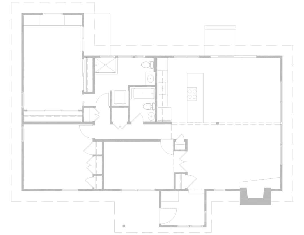 Black and white floor plan of a single-story mid century modern home renovation in Urbana, IL, featuring three bedrooms, two bathrooms, kitchen, living area, and a garage.