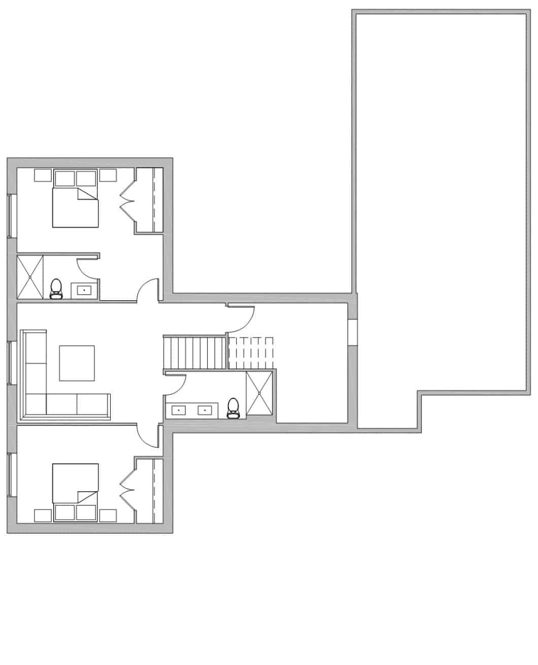 Black and white floor plan of a custom home design in Urbana, IL, featuring three bedrooms, two bathrooms, a stairway, and an attached garage.