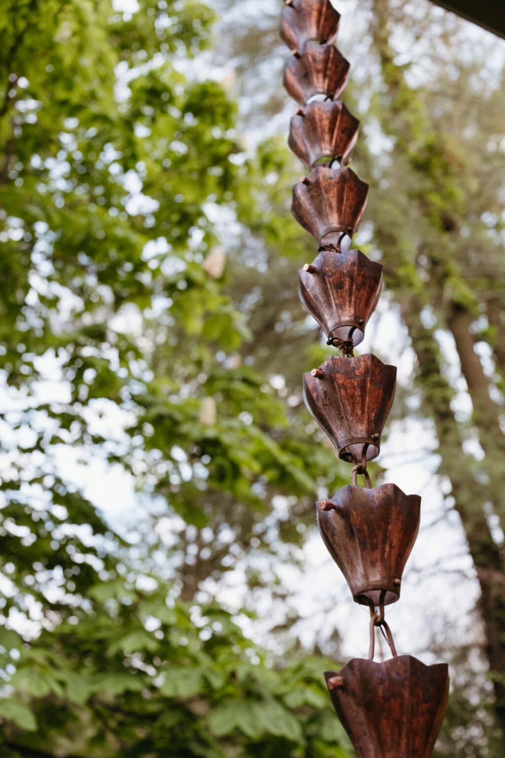 A close-up of a vertical rain chain made of connected copper cups, styled as part of an Urbana IL home addition design, with trees and green foliage in the background.