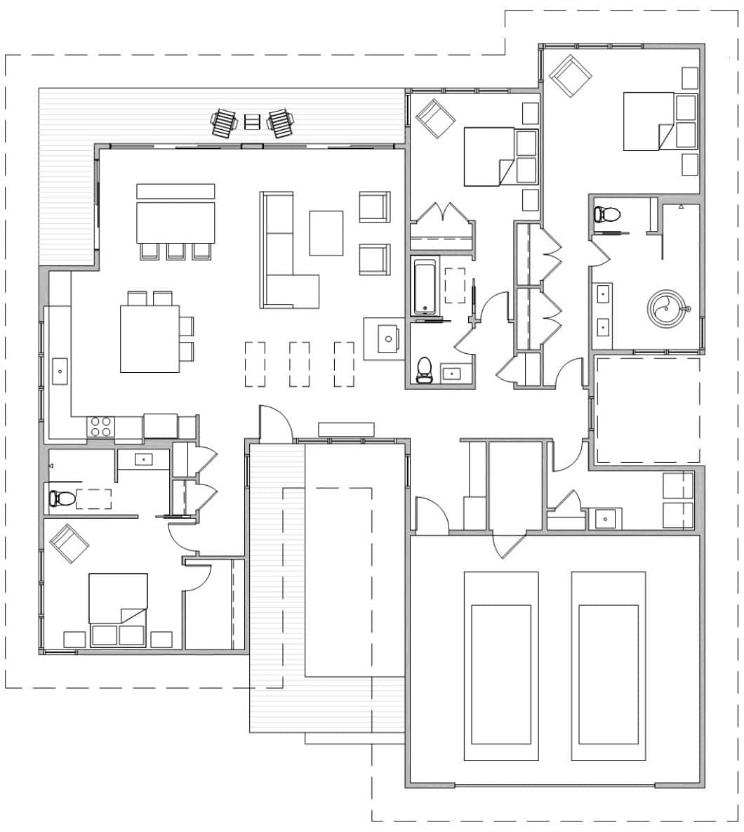 Black and white floor plan of a single-story modern house design in Urbana, IL, featuring bedrooms, bathrooms, kitchen, dining and living areas, laundry room, and a large garage with space for two vehicles.